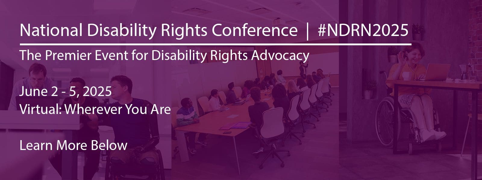 Page banner, purple transparent block with a faint photo of a conference room table with people listening to a presentation. Text reads National Disability Rights Conference | #NDRN2024 The Premier Event for Disability Rights Advocacy June 3 - 6, 2024 Washington, DC (Crystal Gateway Marriott) Learn More Below